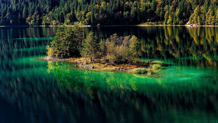 tanaman berdaun hijau di tengah di danau, lanskap, alam, danau, gunung, Wallpaper HD