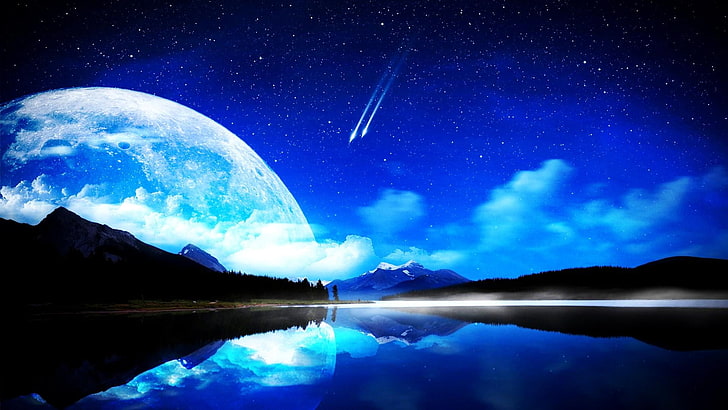 night, lake, stars, moon, shooting stars, blue, fantasy, HD wallpaper
