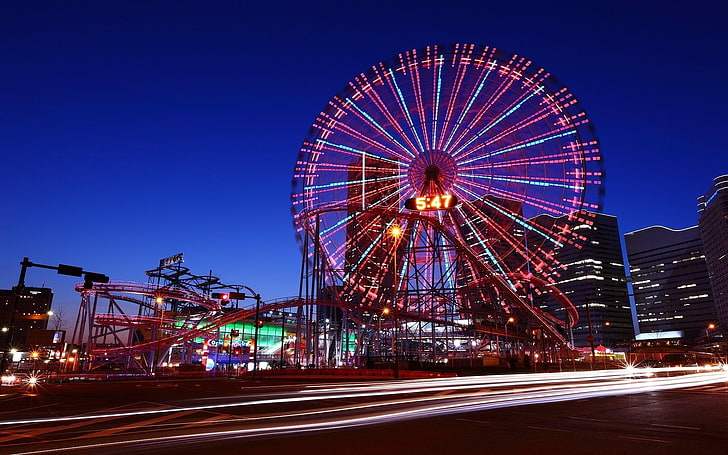 черное колесо обозрения, городской пейзаж, ночь, колесо обозрения, Япония, HD обои