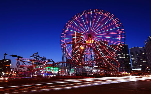 черное колесо обозрения, городской пейзаж, ночь, колесо обозрения, Япония, HD обои HD wallpaper