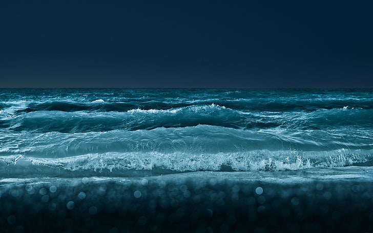 океанские волны, фотография водоема в ночное время, пляж, море, волны, боке, природа, небо, HD обои