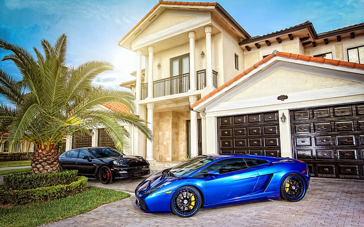 Lucky Guy Has A Lamborghini A Porsche, driveway, house, sunny, cars, HD wallpaper