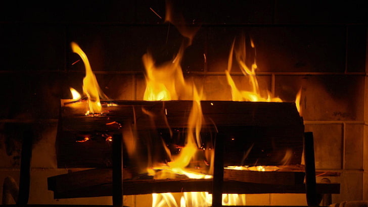 fire, flame, fireplace, hearth, log, HD wallpaper