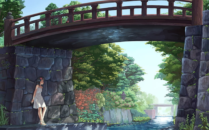 white dress, bridge, anime girls, HD wallpaper