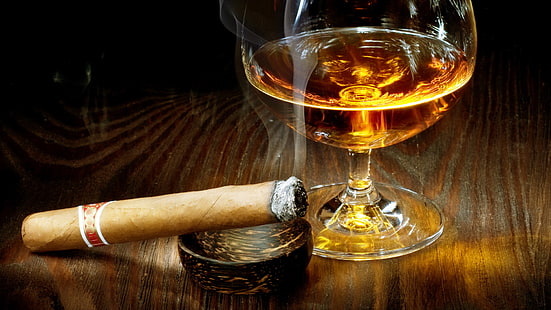 sigaro marrone, vetro, sigaro, cognac, Sfondo HD HD wallpaper