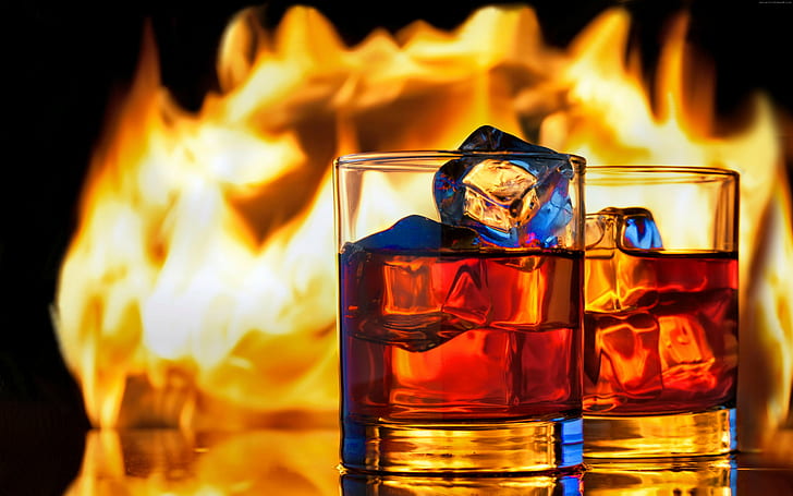 ice, whiskey, 5K, fire, HD wallpaper