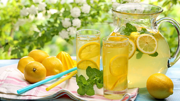 jarra de vidro transparente com copo, limonada, bebidas, coquetéis, suco, verão, sol, frutas, limão, gelo, mel, HD papel de parede