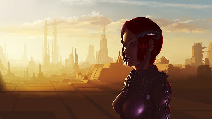 Frau, welche die purpurrote Brustpanzerillustration, futuristisch, Science Fiction, Grafik trägt, HD-Hintergrundbild
