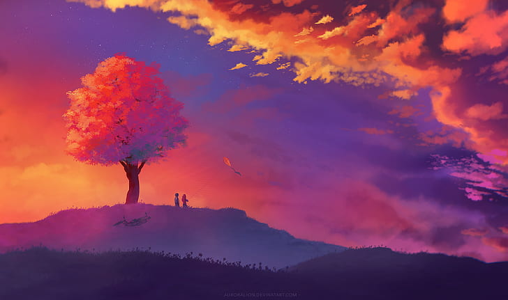 illustrazione, paesaggio, corteccia d'albero, natura, fantasy art, tramonto, Sfondo HD