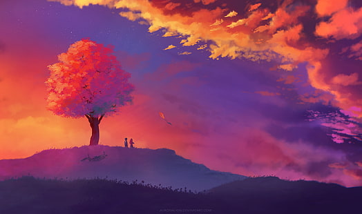 ilustración, paisaje, corteza de árbol, naturaleza, arte de fantasía, puesta de sol, Fondo de pantalla HD HD wallpaper