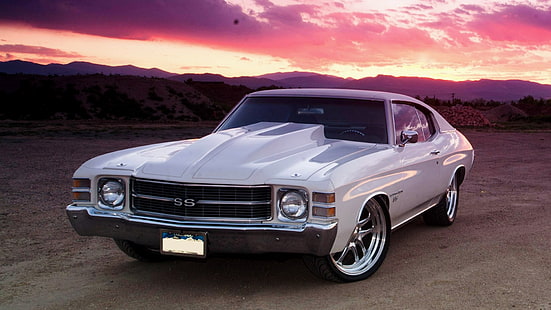 classic white Chevrolet Camaro SS coupe, chevrolet, chevelle, white, front view, ss, 1972, HD wallpaper HD wallpaper