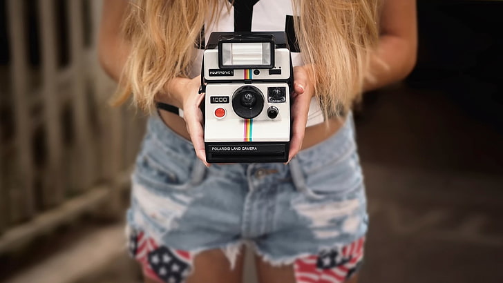 black and white Fujifilm instant camera, polaroids, photographer, camera, women, jean shorts, vintage, photography, HD wallpaper