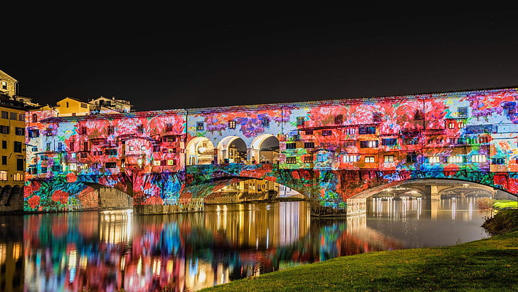 red and white floral area rug, night, cityscape, colorful, arno (river), Italy, reflection, Firenze, HD wallpaper