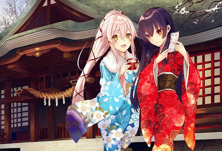 anime, chicas anime, kimono, vestimenta tradicional, Isokaze (KanColle), Yura (KanColle), Colección Kantai, Fondo de pantalla HD