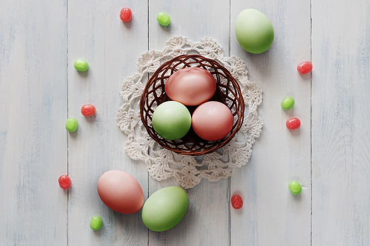 basket, eggs, spring, colorful, Easter, wood, decoration, Happy, tender, HD wallpaper