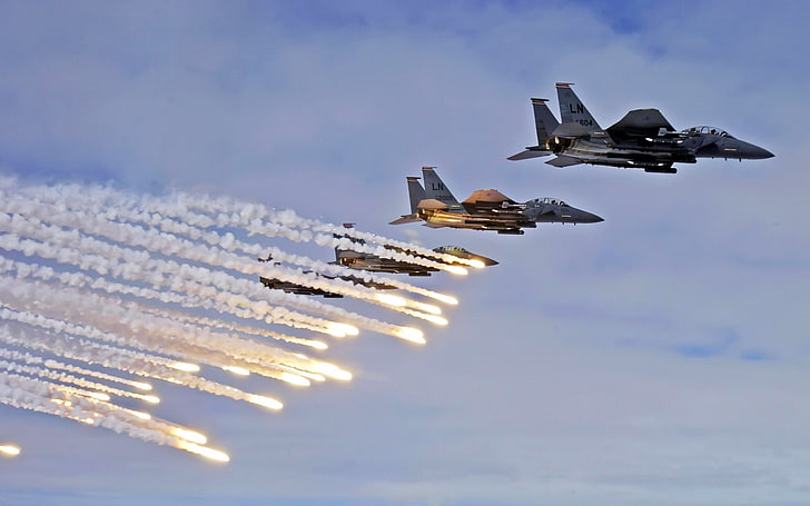 airplanes, eagle, f 15, flares, war, HD wallpaper