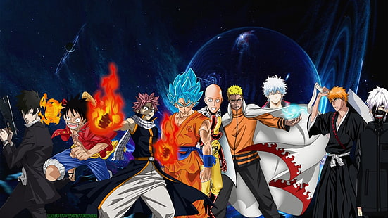 Anime, Crossover, Gintoki Sakata, Goku, Ichigo Kurosaki, Ken Kaneki, Monkey D. Luffy, Naruto Uzumaki, Natsu Dragneel, Saitama (One-Punch Man), Shinya Kogami, Sfondo HD HD wallpaper
