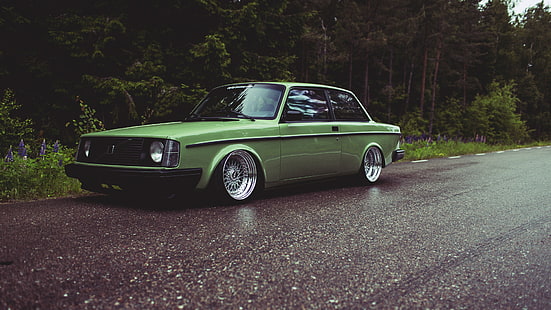 green coupe, road, forest, 242, Volvo, HD wallpaper HD wallpaper