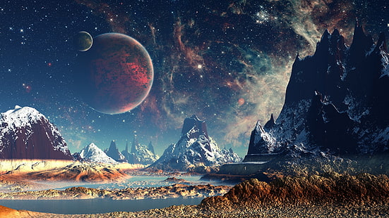 lukisan abstrak biru dan merah, ruang, planet, lanskap, fiksi ilmiah, Wallpaper HD HD wallpaper