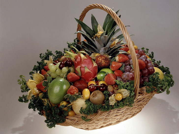 fruit lot and brown wicker basket, fruit, berry, basket, still life, HD wallpaper