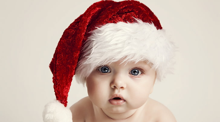 Cute Baby, baby's red and white Christmas hat, Cute, HD wallpaper