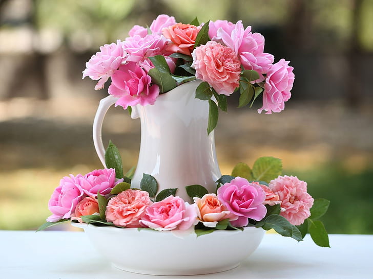 花瓶、ピンクのバラの花、ボケ味、花瓶、ピンク、バラ、花、ボケ味、 HDデスクトップの壁紙