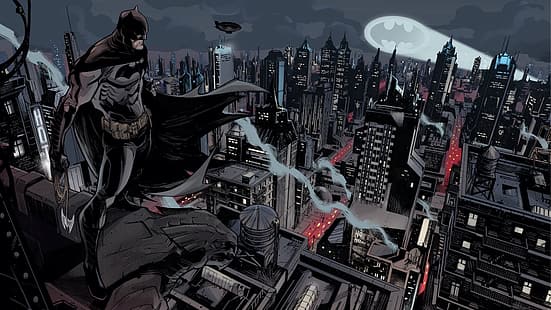 Batman, DC Comics, The Dark Knight, komik, karya seni, Gotham, Kota Gotham, sinyal Kelelawar, Wallpaper HD HD wallpaper