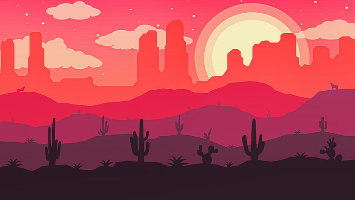 red, pink, cactus, art, illustration, landscape, wasteland, silhouette, minimal, fantasy landscape, minimal art, sunset, graphics, HD wallpaper