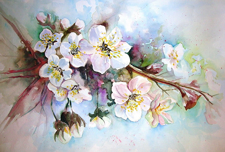 фигура, картина, акварел, живопис, ябълкови цветове, пролетни цветя, неизвестен автор, HD тапет
