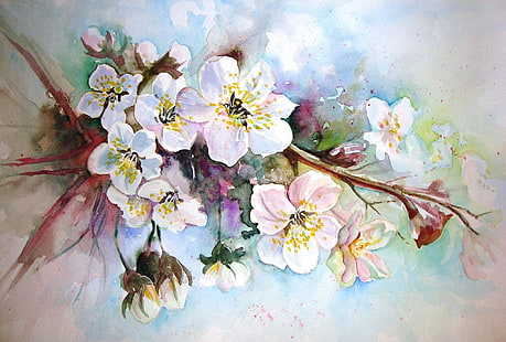 figura, cuadro, acuarela, pintura, flores de manzana, flores de primavera, autor desconocido, Fondo de pantalla HD HD wallpaper