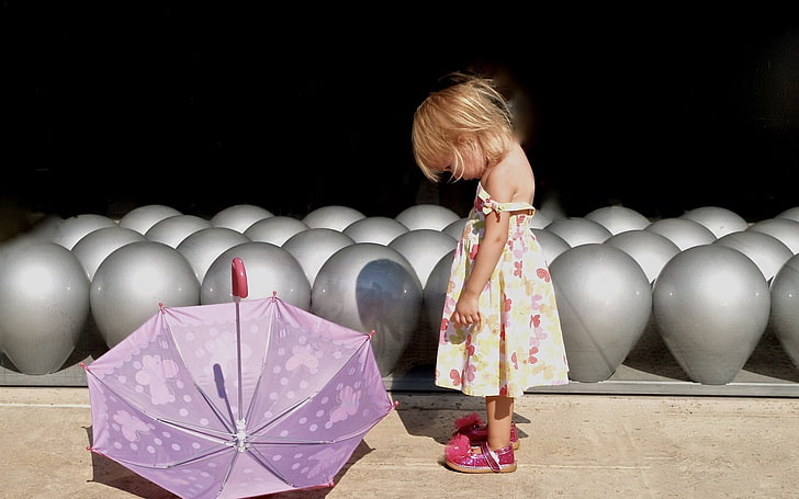 payung ungu, gadis kecil, payung, suasana hati, Wallpaper HD