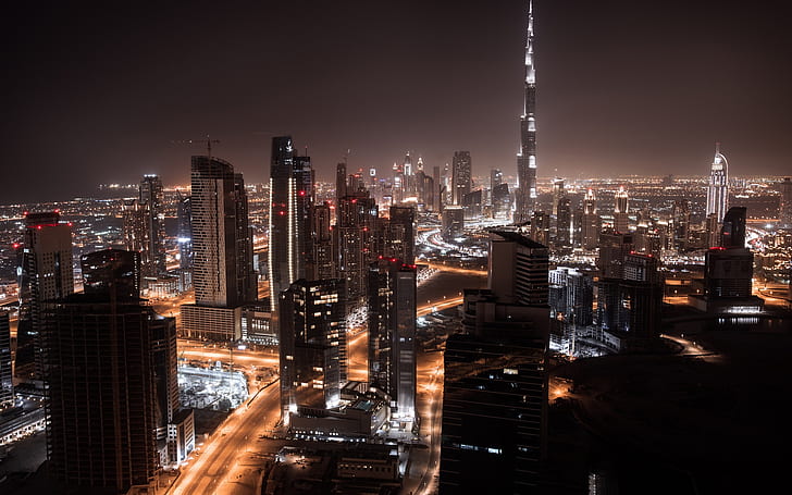 Дубай, градска нощ, небостъргачи, светлини, пътища, Дубай, Град, Нощ, Небостъргачи, Светлини, Пътища, HD тапет