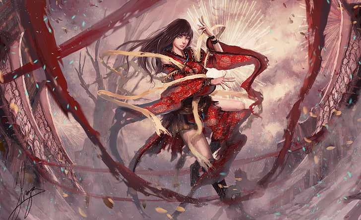 czerwona ubrana kobieca tapeta z postaciami z anime, sztuka fantasy, Tapety HD