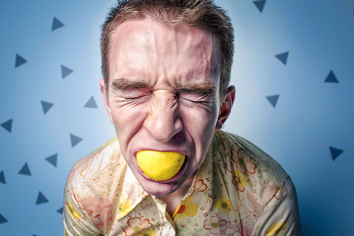 adult, eating, expression, expressive, face, grimace, healthy, intense, lemon, man, mouth, person, sour, HD wallpaper