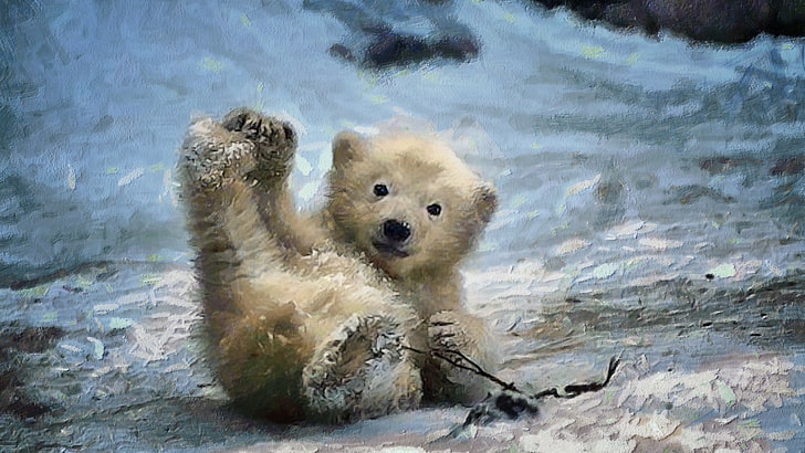 ourson peinture, nature, animaux, art numérique, peinture, ours polaires, bébés animaux, hiver, neige, Fond d'écran HD