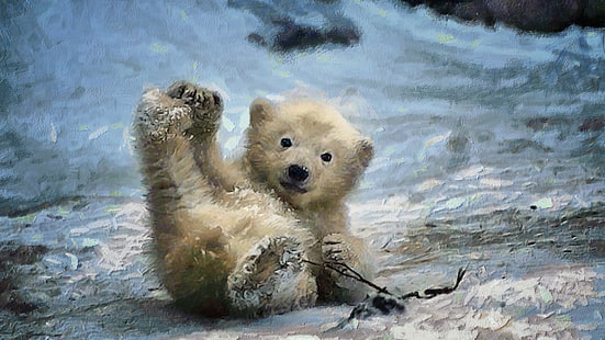 lukisan beruang cub, alam, hewan, seni digital, lukisan, beruang kutub, bayi hewan, musim dingin, salju, Wallpaper HD HD wallpaper