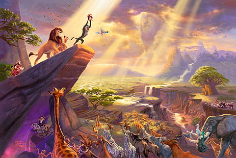 light, mountains, clouds, rock, the film, figure, cartoon, picture, art, canyon, drawings, pictures, gorge, beautiful, painting, river, direction, characters, The Lion King, solar, Thomas Kinkade, original, entertainment, Disney, Oscar, Grammy, colorful, Golden Globe, award, sketch, HD wallpaper HD wallpaper