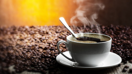 Pires e xícara de chá de cerâmica branca, grãos, xícara, café, plano de fundo, HD papel de parede HD wallpaper