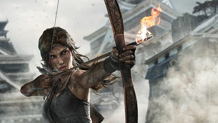 Tomb Raider, Лара Крофт, видео игри, жени, лък, стрела, стрели, огън, HD тапет