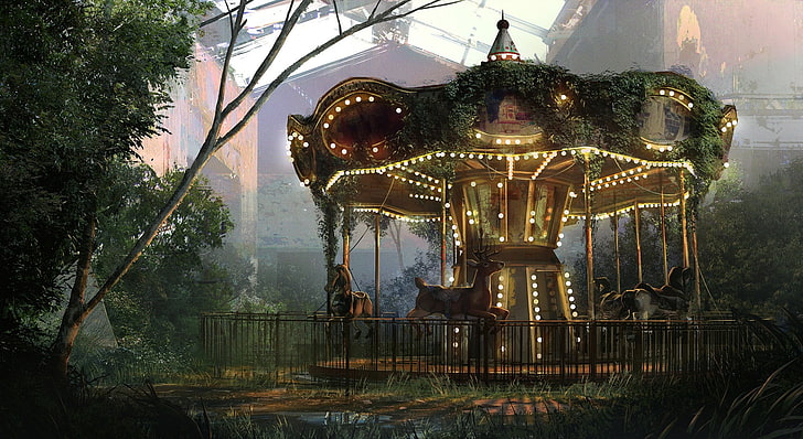 braunes und grünes Karussell, der letzte von uns, Konzeptkunst, Videospiele, Science-Fiction, städtischer Verfall, Karussell, HD-Hintergrundbild