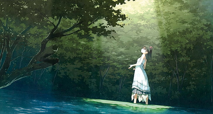 Originalfiguren, Landschaft, Bäume, Afterschool des 5. Jahres, Shizuku (Kantoku), Kantoku, Anime-Mädchen, Wald, Kleid, schwarze Haare, kurze Haare, grün, weißes Kleid, Park, Anime, HD-Hintergrundbild