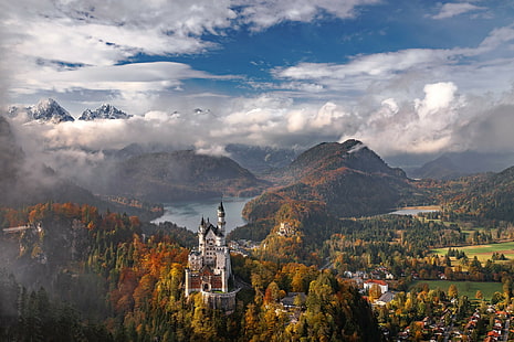 Германия, замък, пейзаж, планини, замък Нойшванщайн, HD тапет HD wallpaper