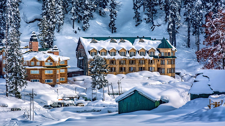 лыжи, гульмарг, кашмир, индия, азия, барамулла, курорт, снег, зима, горная станция, город, лыжные курорты, горнолыжный курорт Пирпанджал, Гималаи, HD обои