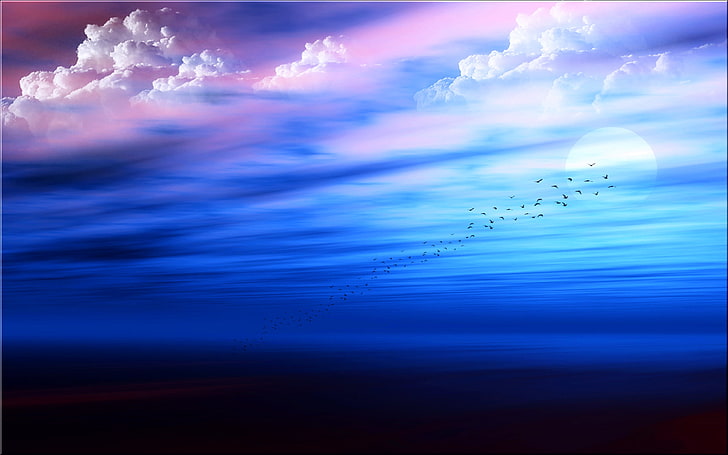 ilustrasi awan biru, laut, langit, matahari, awan, burung, bulan, paket, Wallpaper HD