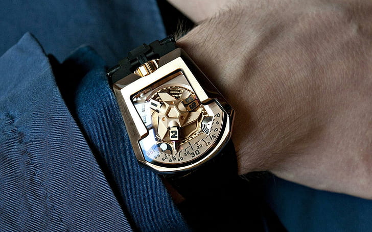 Wristwatch, black link chain strap square skeletal wristwatch, photography, 1920x1200, watch, wristwatch, HD wallpaper