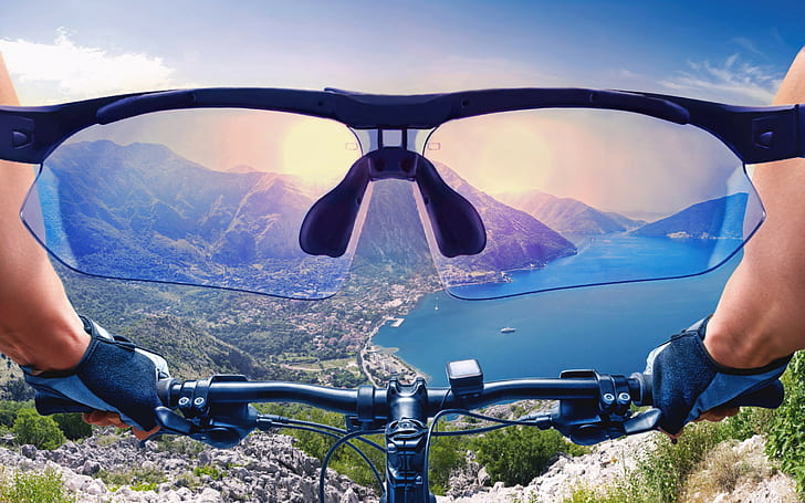 Cycling bike view from first person, black eyeglasses frame, sports, cycling, bike, view, from, First, person, gear, hat, sunscreen, sunglasses, concentration, Sight, aim, rider, racer, jump, overcoming, obstacles, extreme, land, Air, sun, mountains, beautiful background, travel, my planet, bokeh, ., HD wallpaper