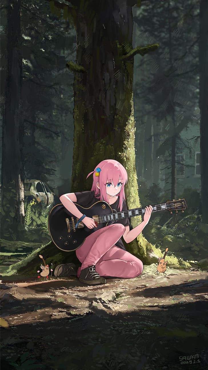 BOCCHI THE ROCK!, Hitori Bocchi, guitarra, bosque, vertical, cabello rosado, Fondo de pantalla HD, fondo de pantalla de teléfono