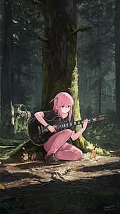 BOCCHI THE ROCK!, Hitori Bocchi, gitara, las, pionowe, różowe włosy, Tapety HD HD wallpaper