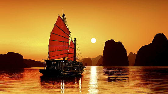 basura, Bahía de Ha Long, Vietnam, velero, silueta, puesta de sol, Fondo de pantalla HD HD wallpaper