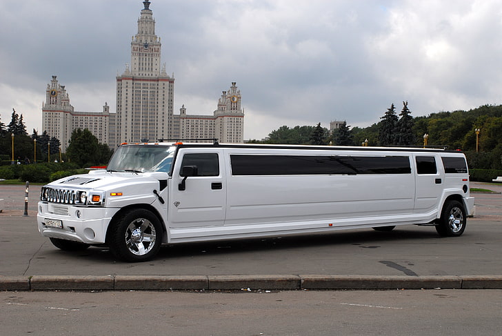white limousine, white, street, Hummer, Hamer, limousine, HD wallpaper